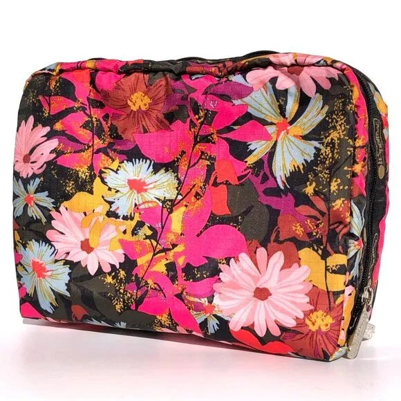 LeSportsac Rectangular Cosmetic Case black pink floral print travel domed zip - Picture 7 of 13